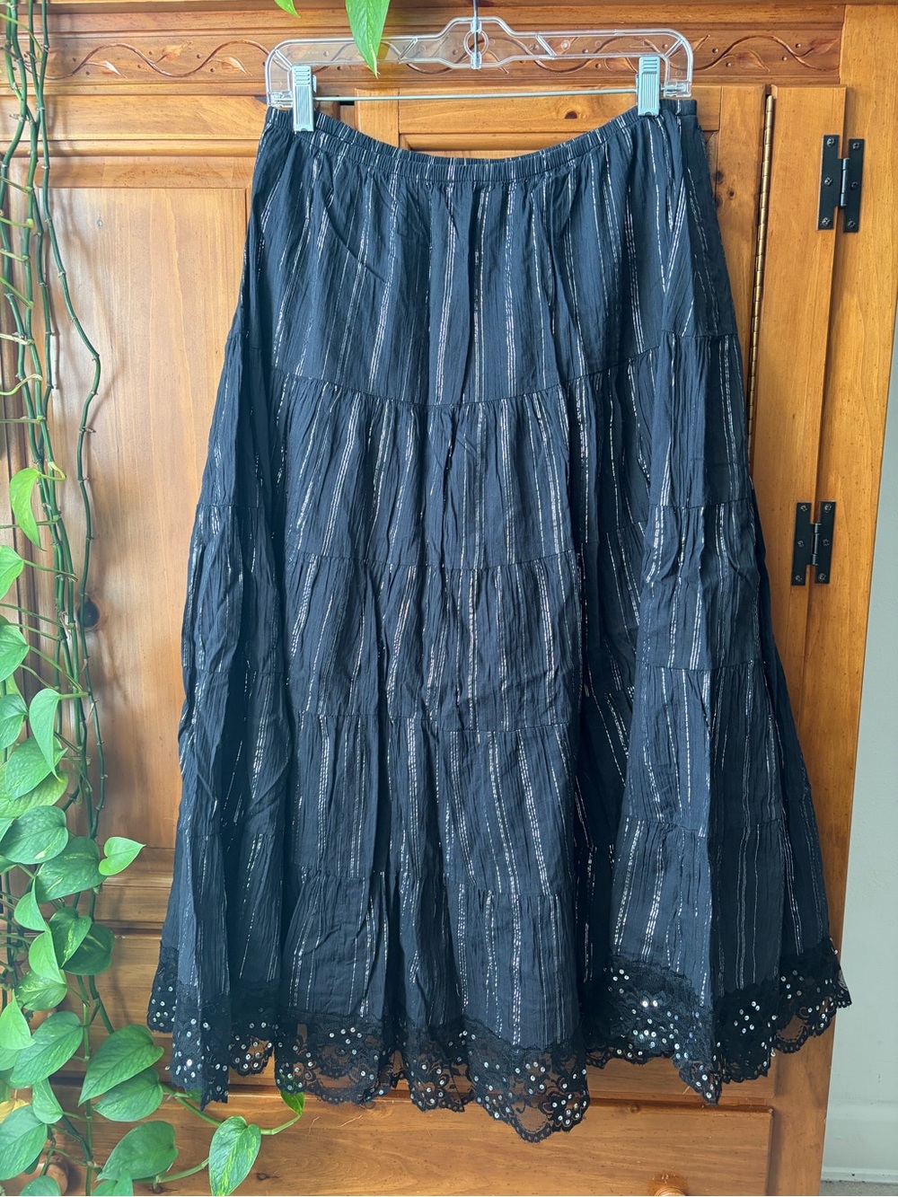 CACHE Black Tiered Maxi Skirt with Eyelet Hem Size S Vintage 2000s